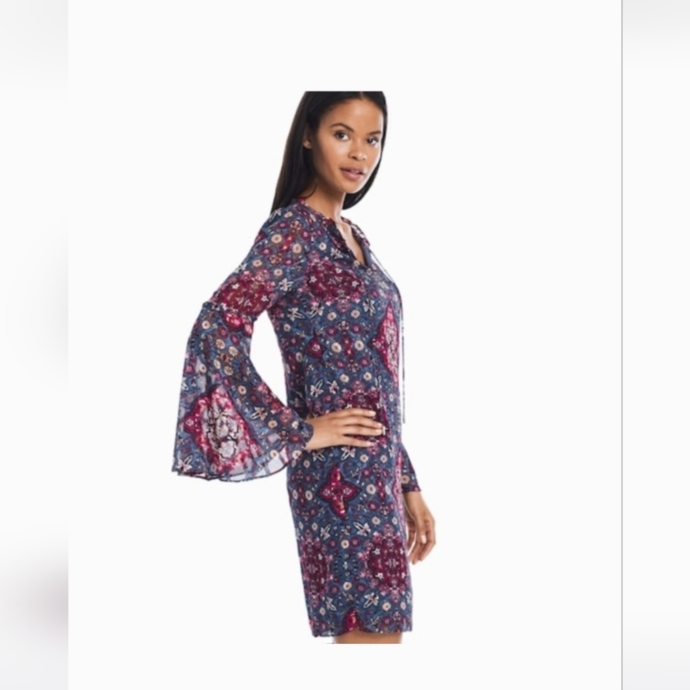 White House Black Market Patterned Long Sleeve Dress - Blue and Red - Picture 8 of 9